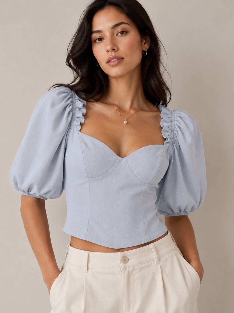 Wilfred Aritzia Novella Puff Sleeve Corset Blouse Powder Blue